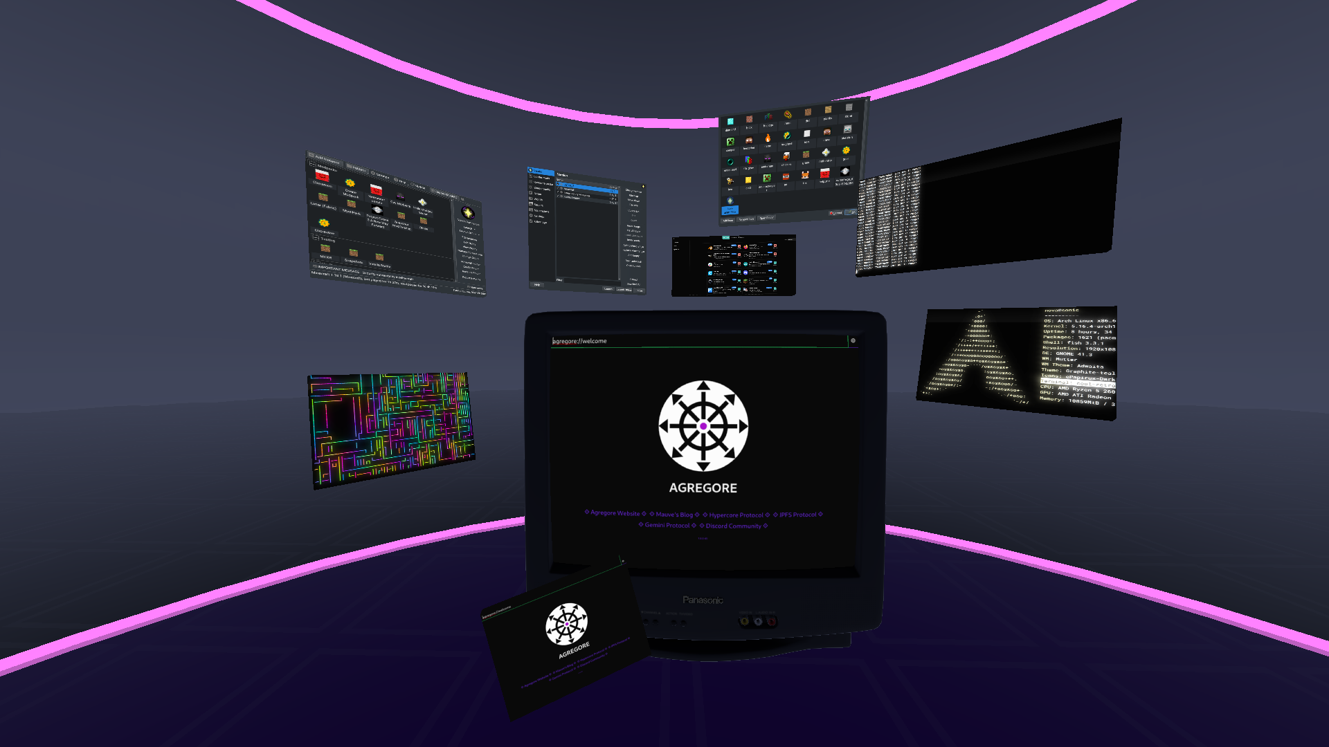 A series of application windows as 3D panels similar to small wooden boards in proportions with a Panasonic CRT TV model in the center showing Agregore (the browser).