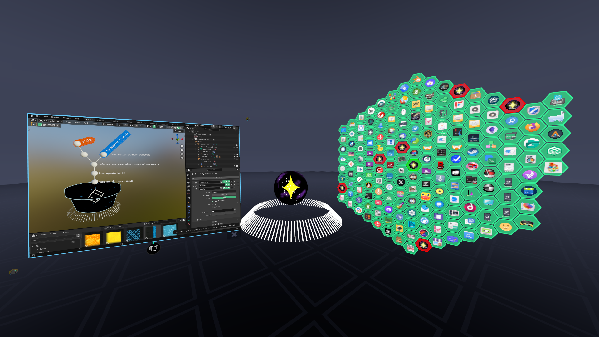 A scene showing a flat panel with Blender to the left (containing a sketch of a 3D git client that looks like a bonsai tree), a turntable with a 3D model of the stardust logo on it in the center, and a massive grid of hexagons for all the apps on the system to the right.